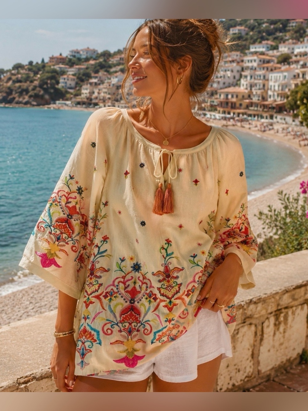 John Mark Linen Blend Embroidered Boho Tunic Top Tassel Size M NWT